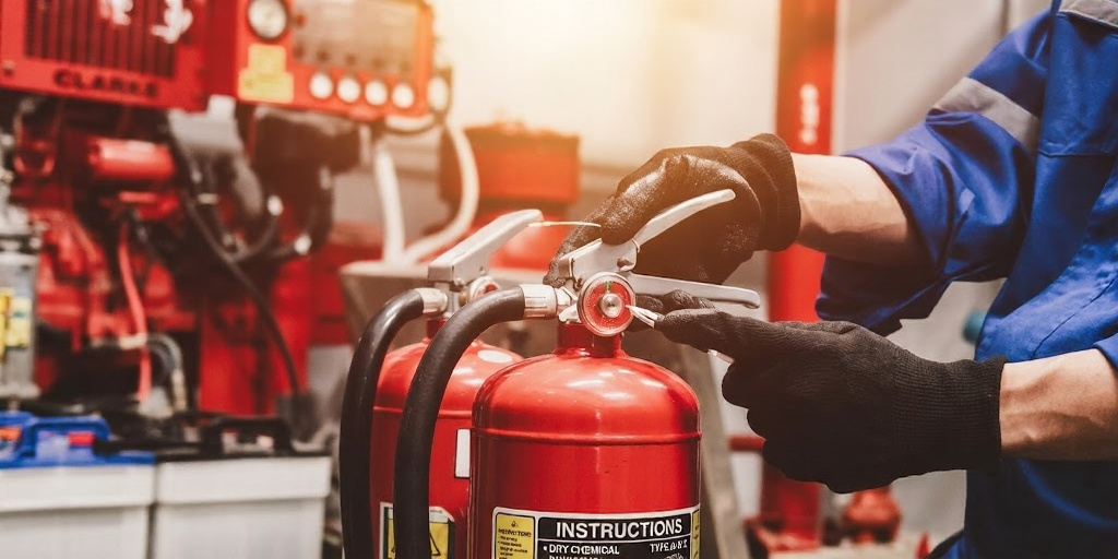 Monteur keurt een brandblusser